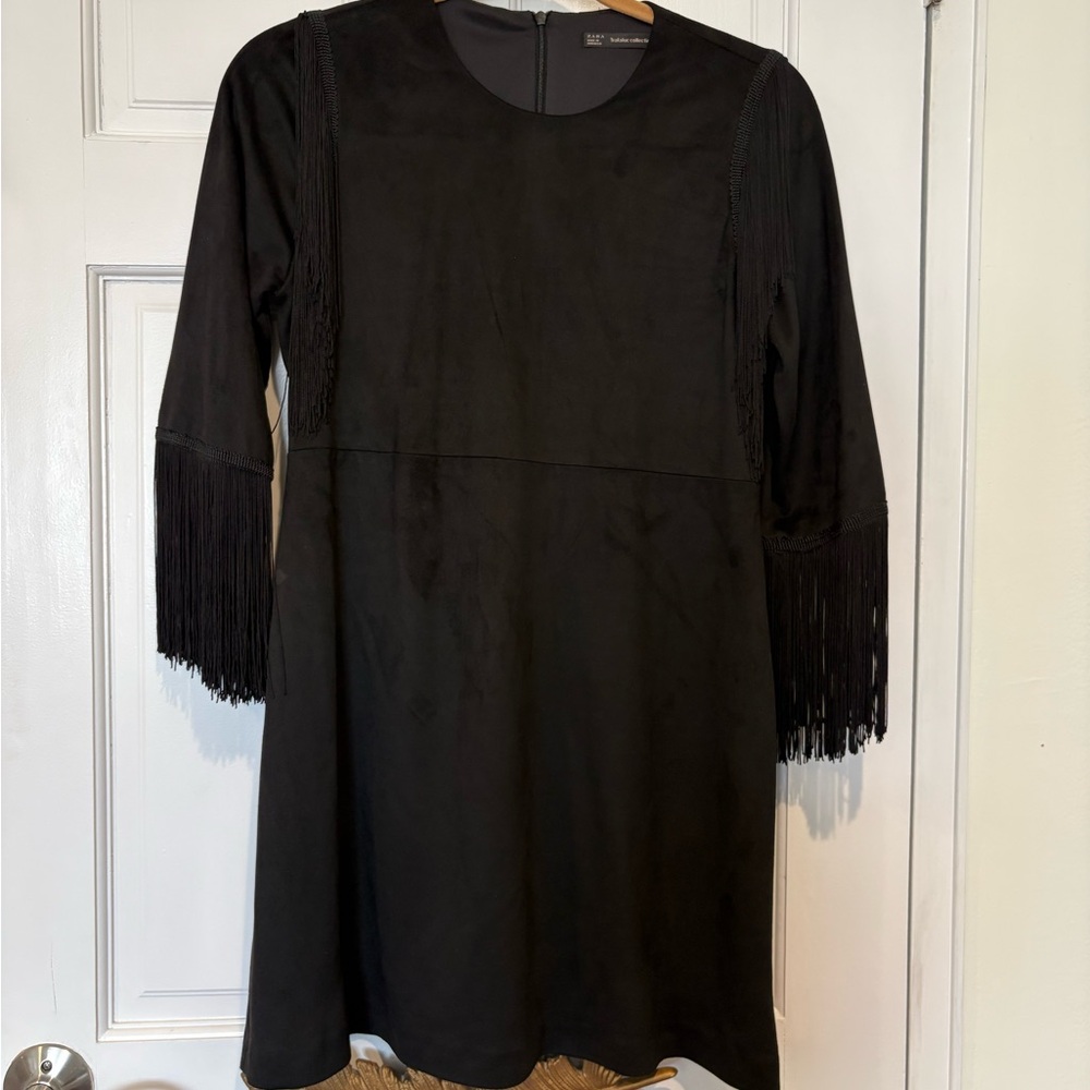 Zara black faux suede three quarter sleeve fringe dress size small 6